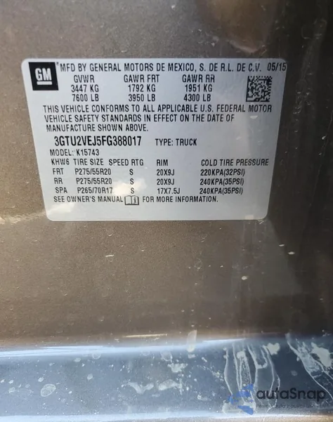 2015 GMC Sierra K1500 Slt from USA, damaged, VIN 3GTU2VEJ5FG388017